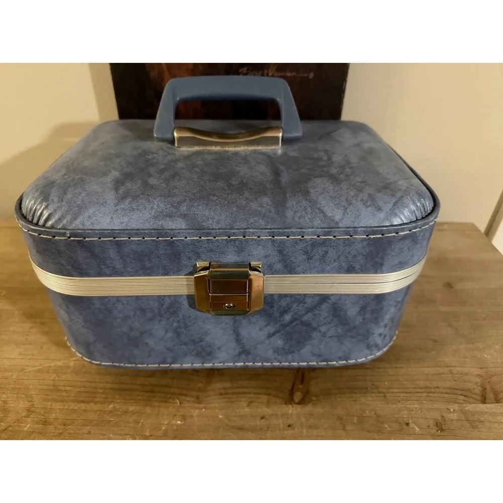 Vintage Blue Faux Leather Train Case Vanity Makeup‎ Travel Bag with Mirror